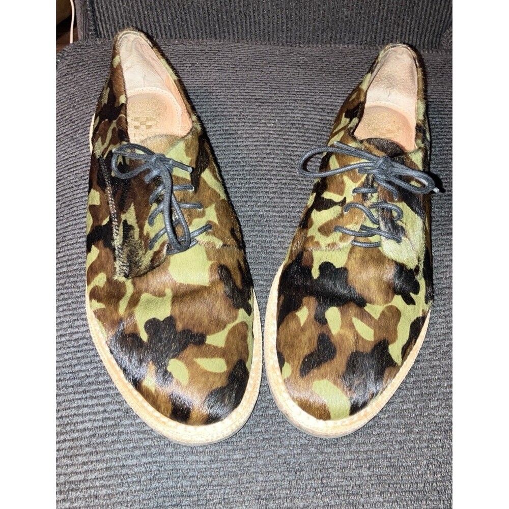 Vince Camuto Shoes Womens 8 M Lace Up Oxford Flats Camouflage Green Black Fur
